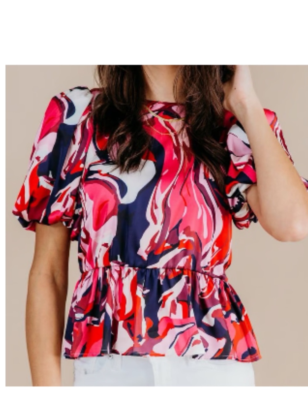 NWT Crosby by Mollie Burch Angela Aspen Print Puff Sleeve Peplum Top Sz S